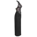 carol black halter maxi dress with lace bodice