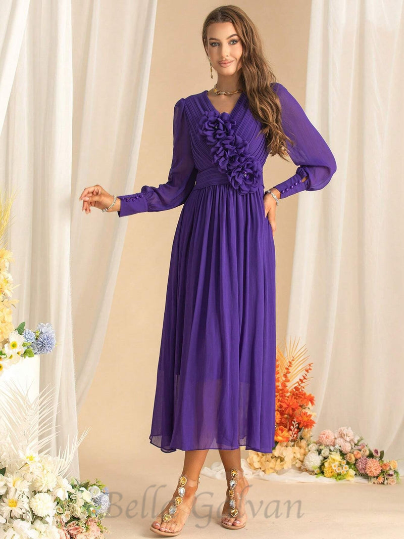 three-dimensional flower v-neck purple chiffon maxi dress