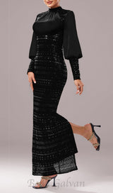 sequin long sleeve maxi dress in black