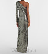 Floral-appliqué sequin gown in silver