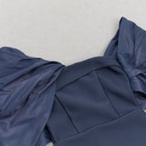 DRAPED BARDOT MAXI DRESS IN NAVY BLUE