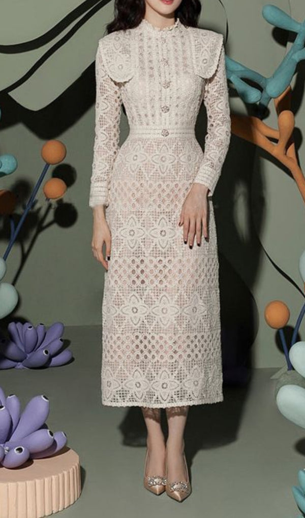 O-NECK EMBROIDERY HOLLOW OUT SINGLE BREASTED  MIDI DRESS