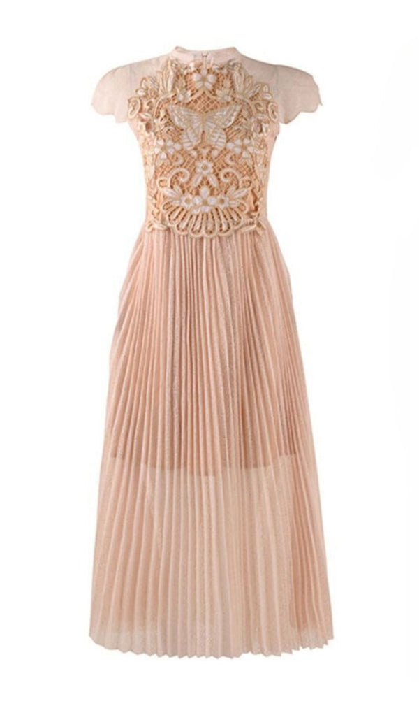 PLEATED EMBROIDERY MIDI DRESS IN BEIGE