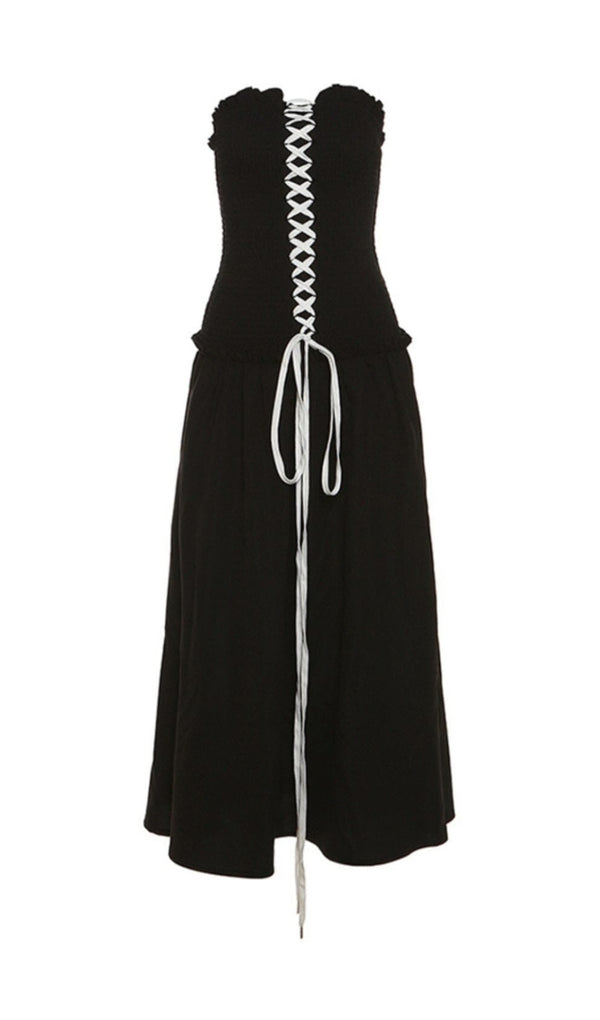 FRONT LACE UP STRAPLESS MAXI DRESS IN BLACK