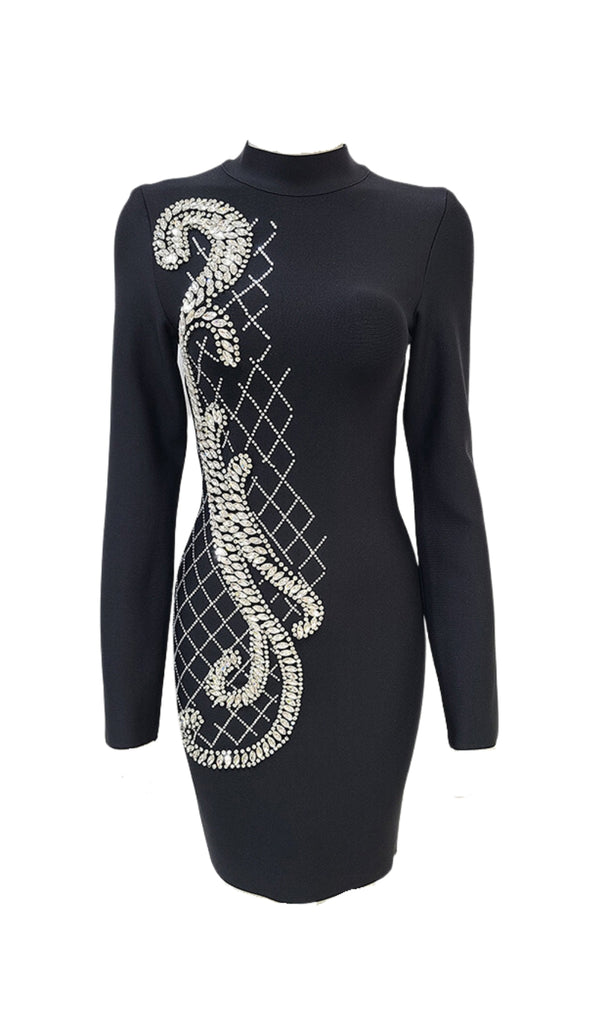LONG SLEEVE EMBROIDERED MINI DRESS IN BLACK