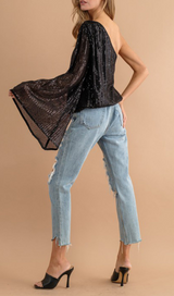 Sequin One Shoulder Bell Sleeve Top