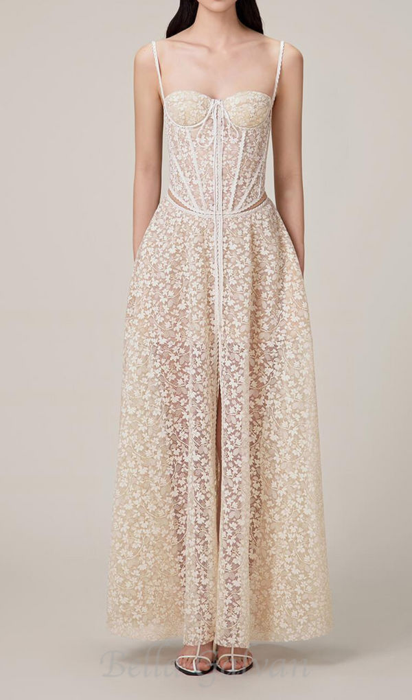 TESS LACE STITCHING HOLLOW SLIT MAXI DRESS IN APRICOT