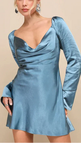 Sensational Fate Slate Blue Satin Cowl Neck Mini Dress