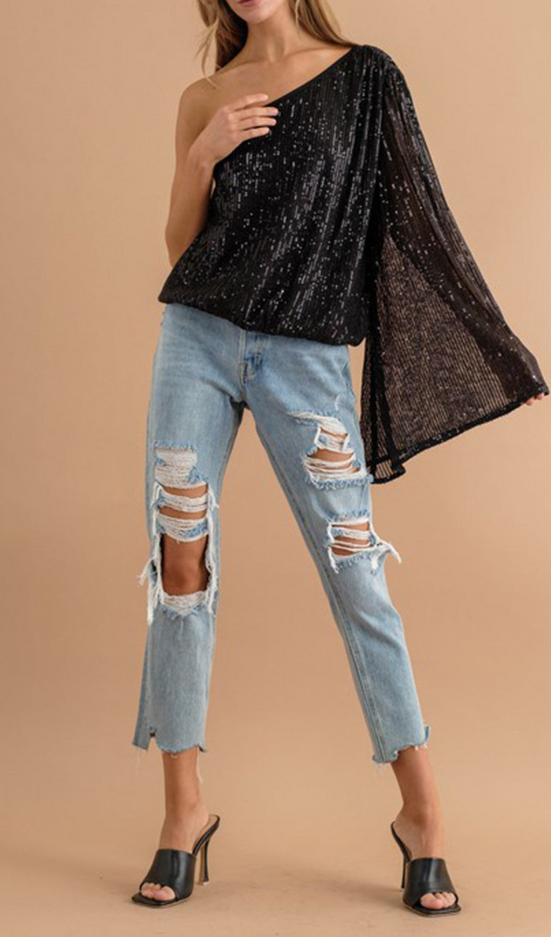 Sequin One Shoulder Bell Sleeve Top