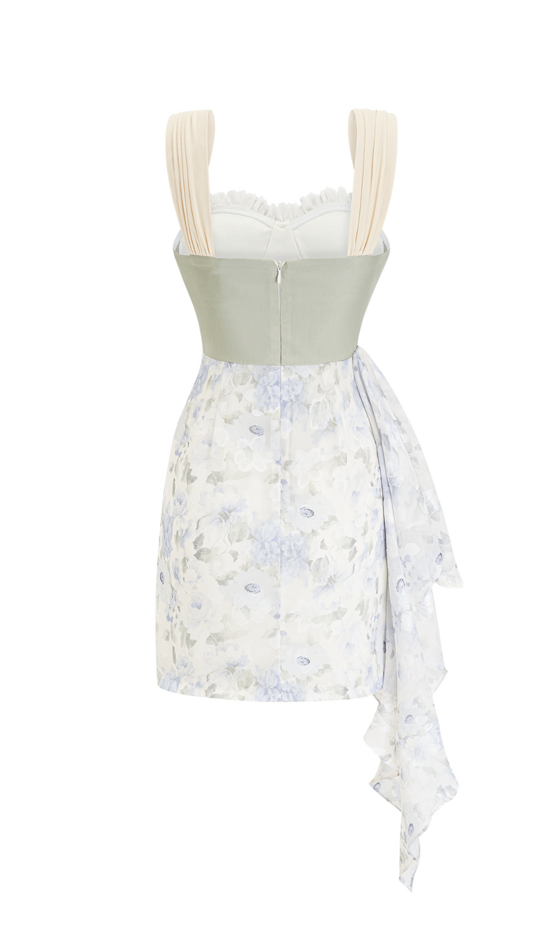 FLORAL PRINT RUCHED MINI DRESS IN WHITE