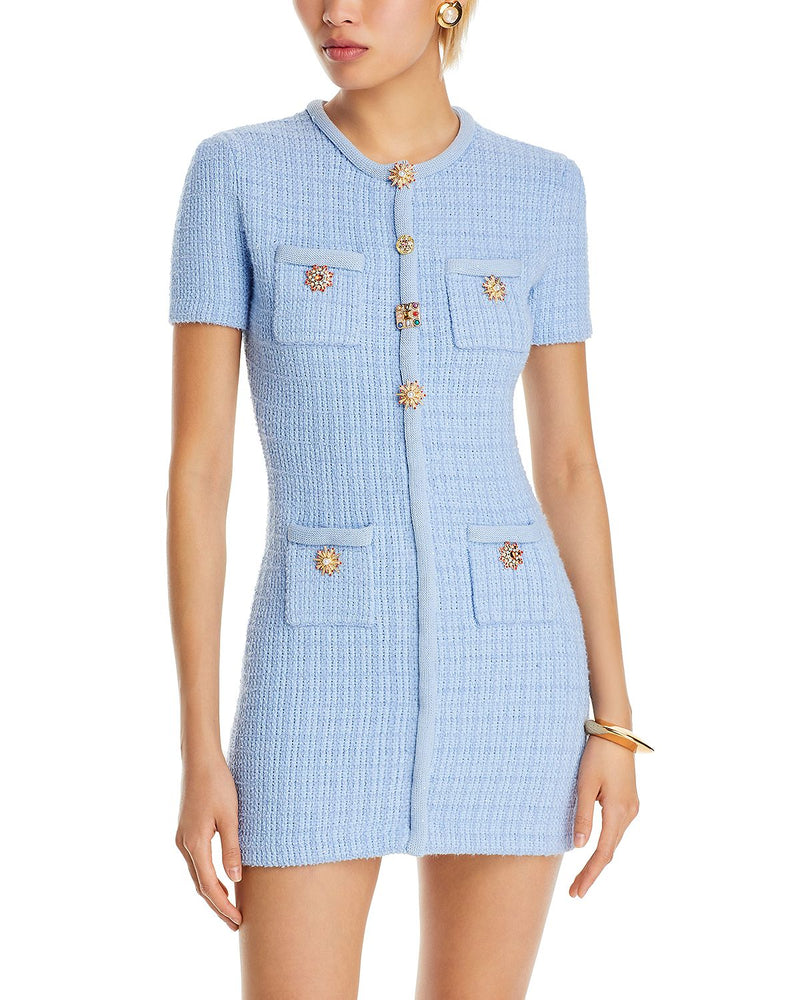 MODESTY BEADED BUTTON KNIT MINI DRESS IN BLUE