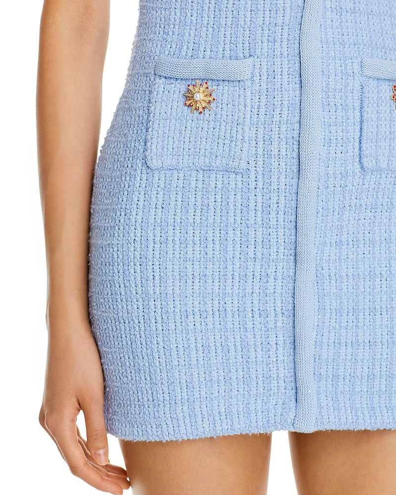 MODESTY BEADED BUTTON KNIT MINI DRESS IN BLUE