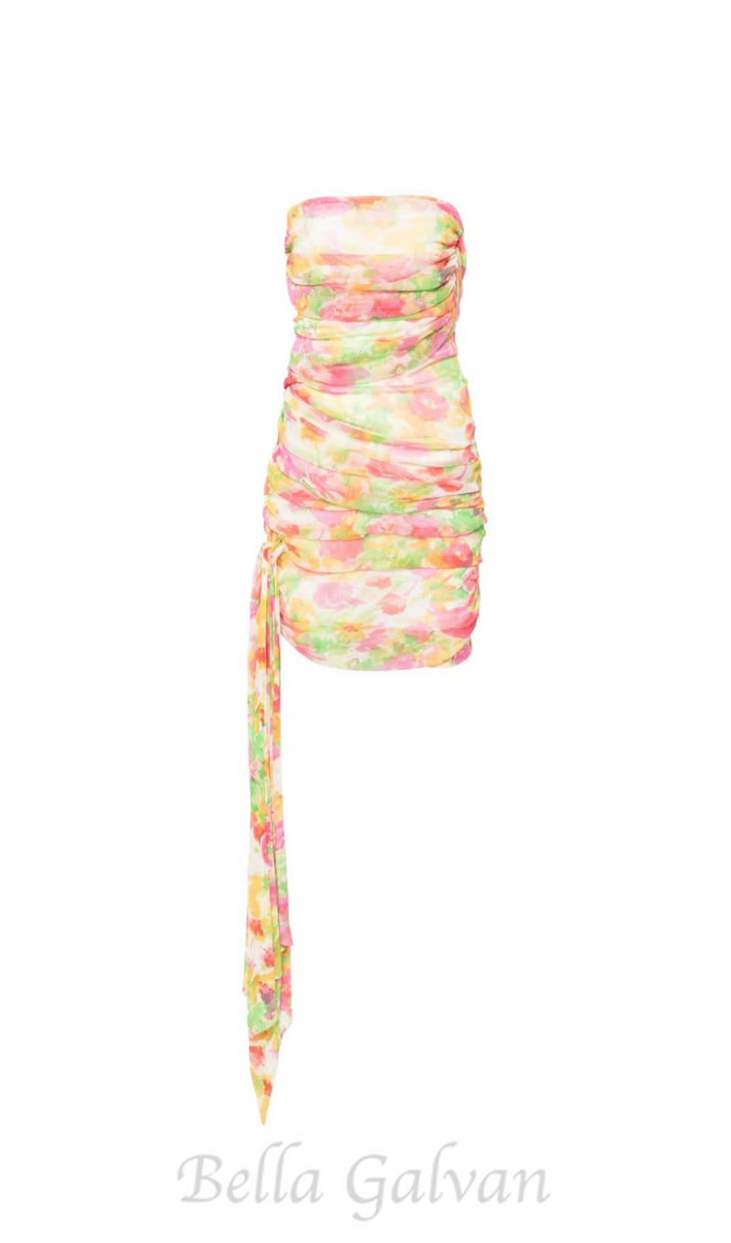 STRAPLESS FLORAL-PRINT RUCHED MINI DRESS