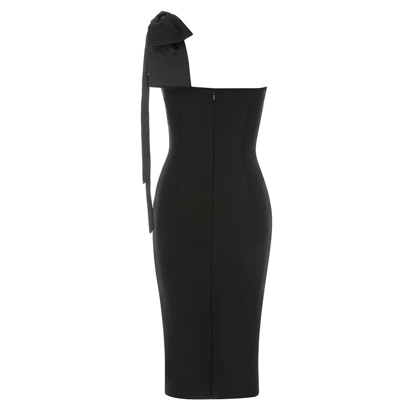 CALISTA BLACK ONE BOW SHOULDER SPLIT BANDAGE MIDI DRESS