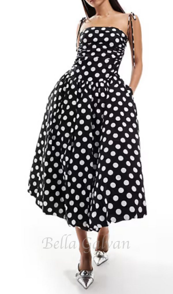 strap midi dress in mono polka dot