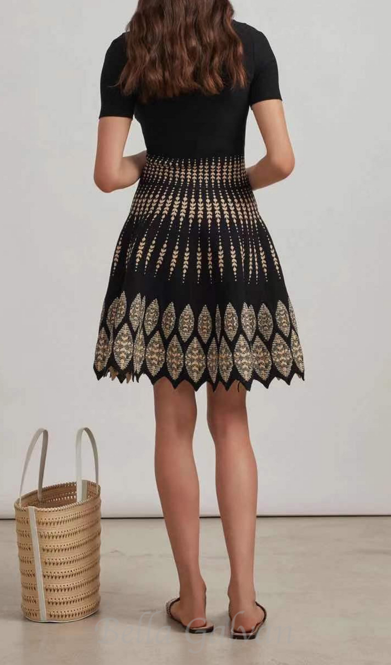 ELEANORE BLACK GEOMETRIC JACQUARD FLARE MINI DRESS