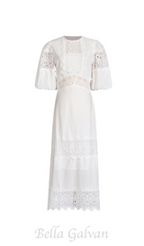 HAZEL WHITE EMBROIDERED ROUND NECK PUFF SLEEVE MIDI DRESS