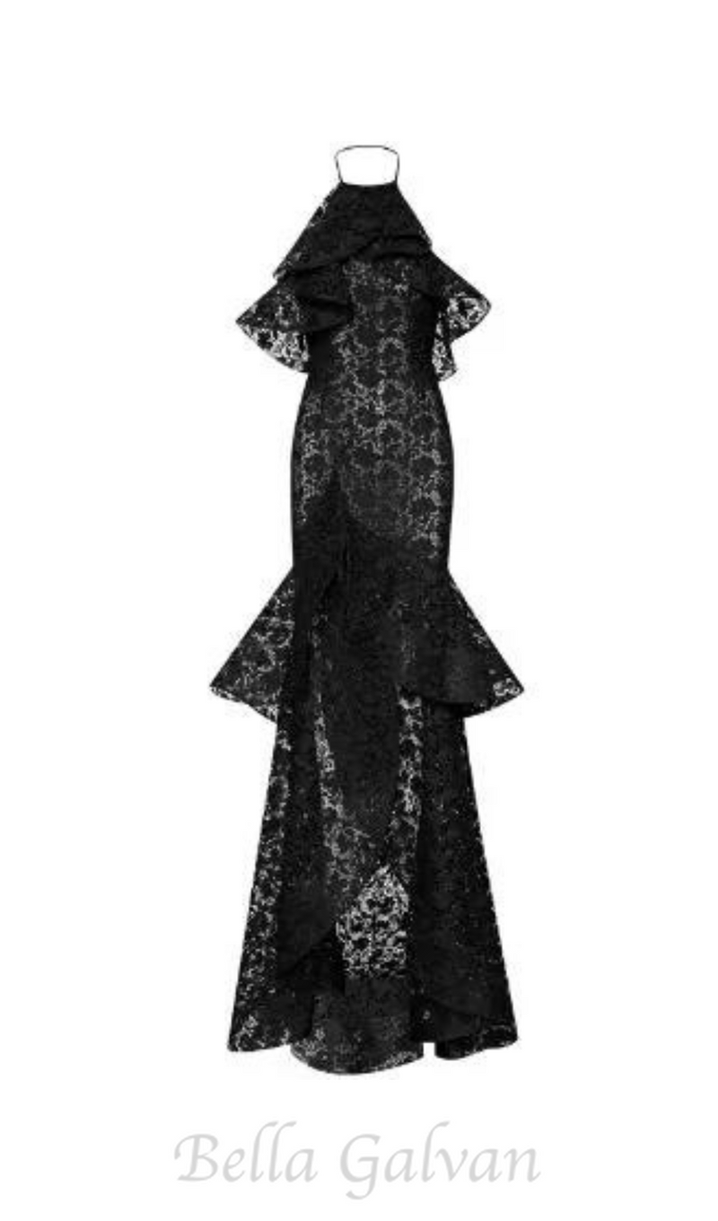 LYNN GARDENIA GUIPURE LACE RUFFLE GOWN IN BLACK