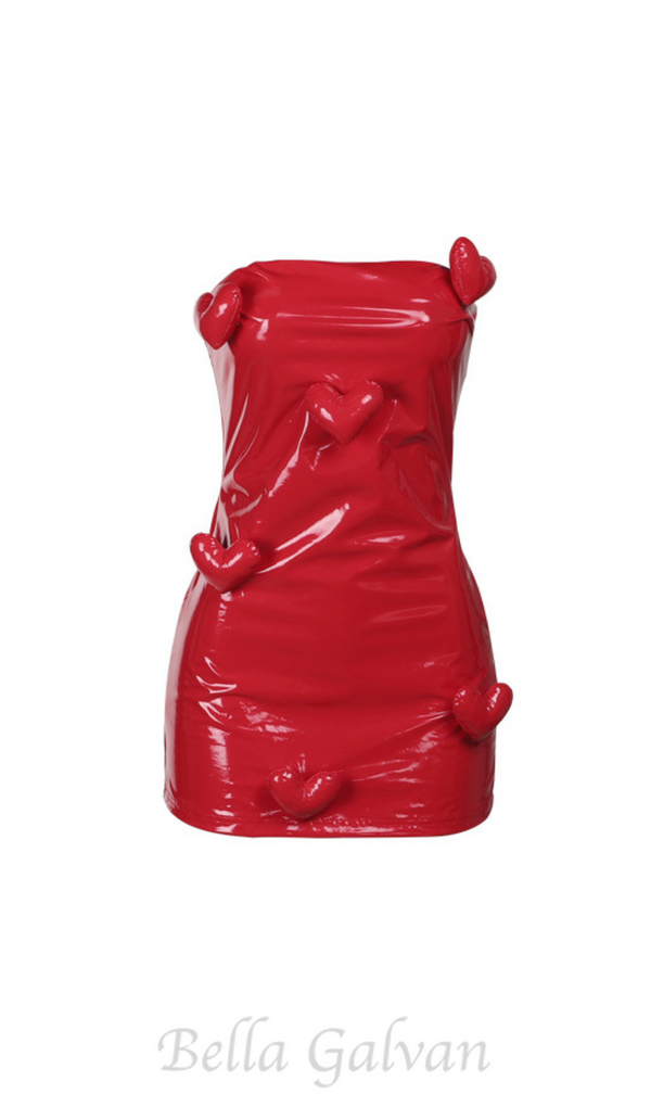 ELLA STRAPLESS HEART EMBELLISHED LEATHER MINI DRESS IN RED