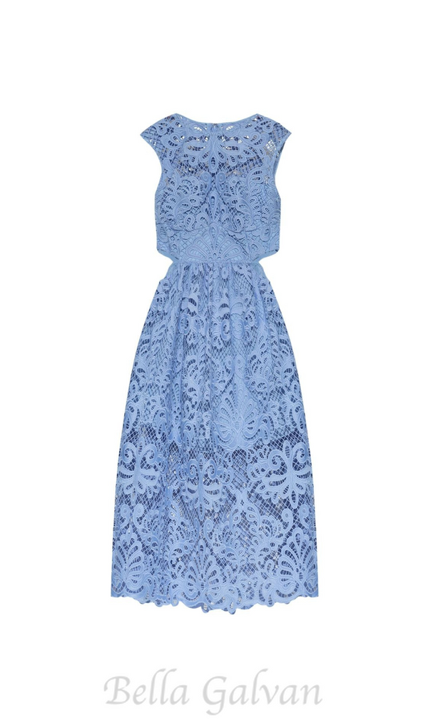 FANNY CUT-OUT LACE EMBROIDERY MIDI DRESS IN BLUE