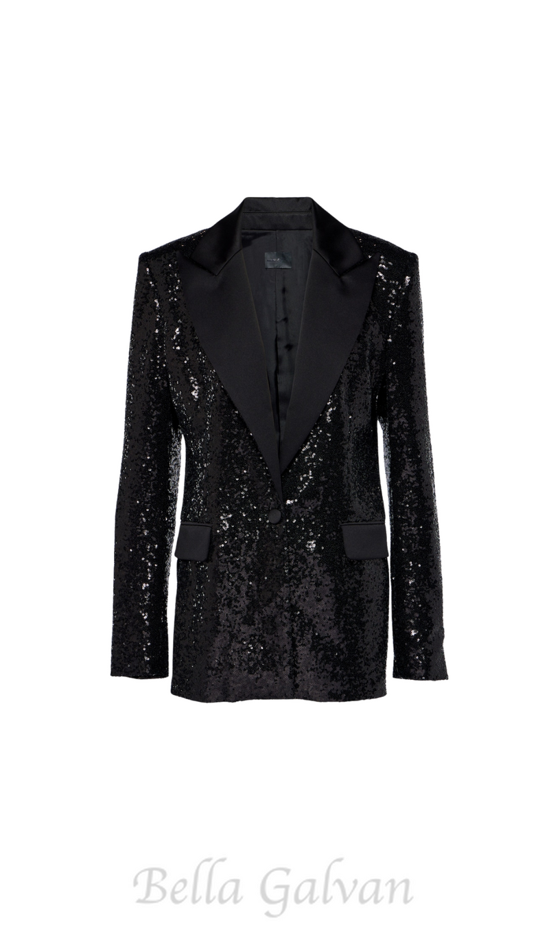 ALEXANDRA BLACK SEQUINED EMBELLISHED SATIN BLAZER