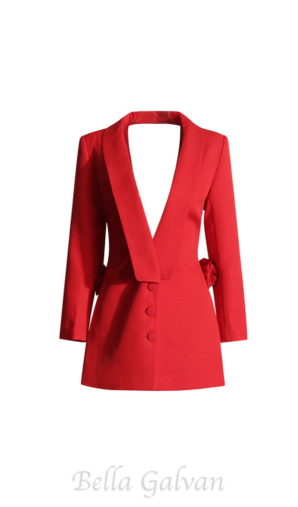 ELAINE DACRE BACK CUTOUT FLOWER BLAZER IN RED