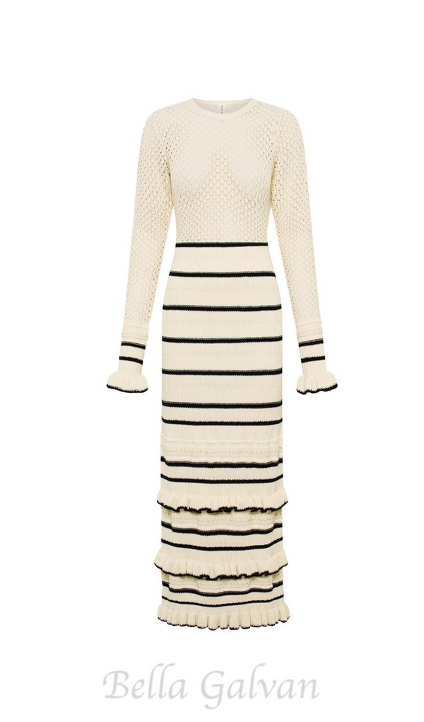 BRIDGET KNIT STRIPE FRILL MIDI DRESS IN WHITE