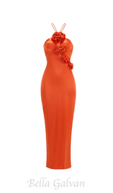 VERNA ORANGE 3D FLOWER DETAILED CUTOUT MAXI DRESS