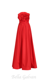 OFF-SHOULDER 3D FLOWER CHIFFON MAXI DRESS IN RED