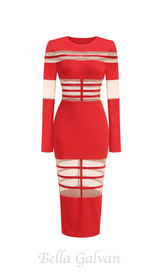 DORIS LONG SLEEVES MESH INSERT MIDI DRESS IN RED