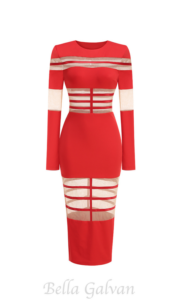 DORIS LONG SLEEVES MESH INSERT MIDI DRESS IN RED