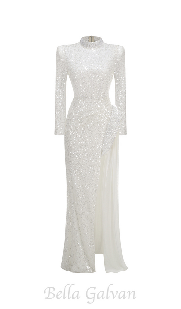 YVETTE PEARL EMBELLISHED SEQUIN MAXI DRESS IN WHITE