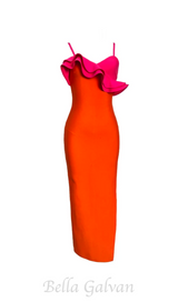 SIMONA ORANGE RUFFLE STRAP BANDAGE MAXI DRESS