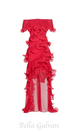 DORA ROSE RED OFF-SHOULDER PLEATED ORGANZA MAXI DRESS