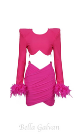 JENNIFER LONG SLEEVE FEATHER MESH BANDAGE SET IN PINK