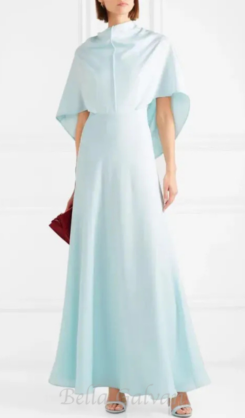 Glossy Silk Twill Satin Cape Maxi Dress in pale blue