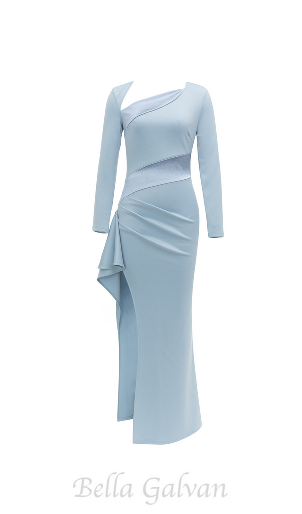 CLARA HIGH SLIT PATCHWORK BODYCON MAXI DRESS IN PALE BLUE