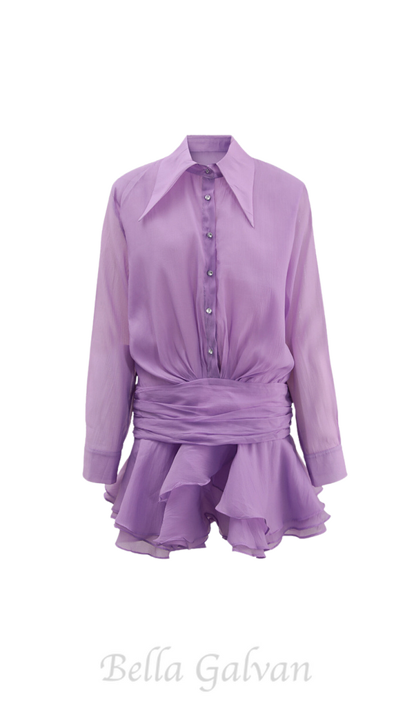 EMBER RUCHED RUFFLE MINI DRESS IN PURPLE