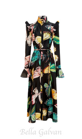 BUTTERFLY SLEEVE PAPILLON PRINT MIDI DRESS IN BLACK