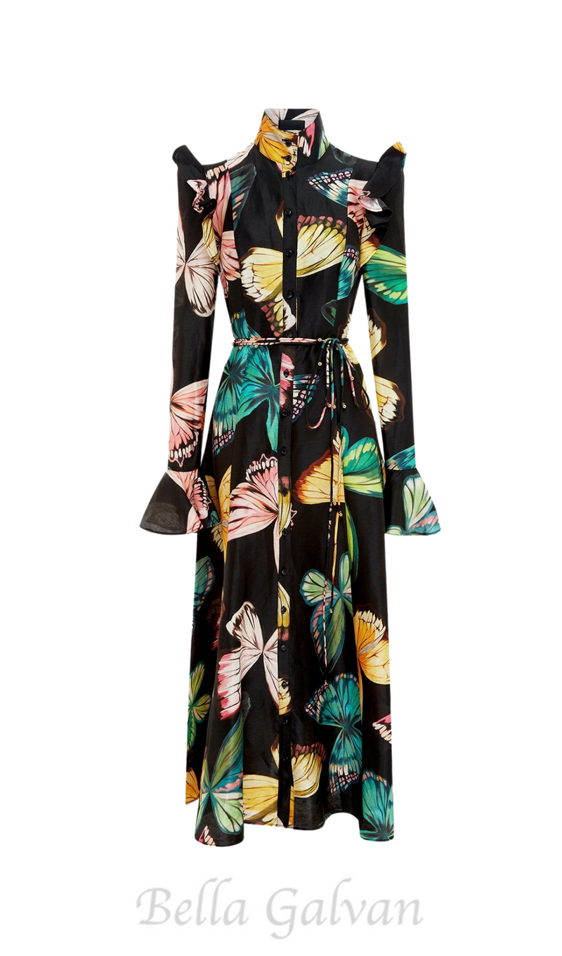 BUTTERFLY SLEEVE PAPILLON PRINT MIDI DRESS IN BLACK