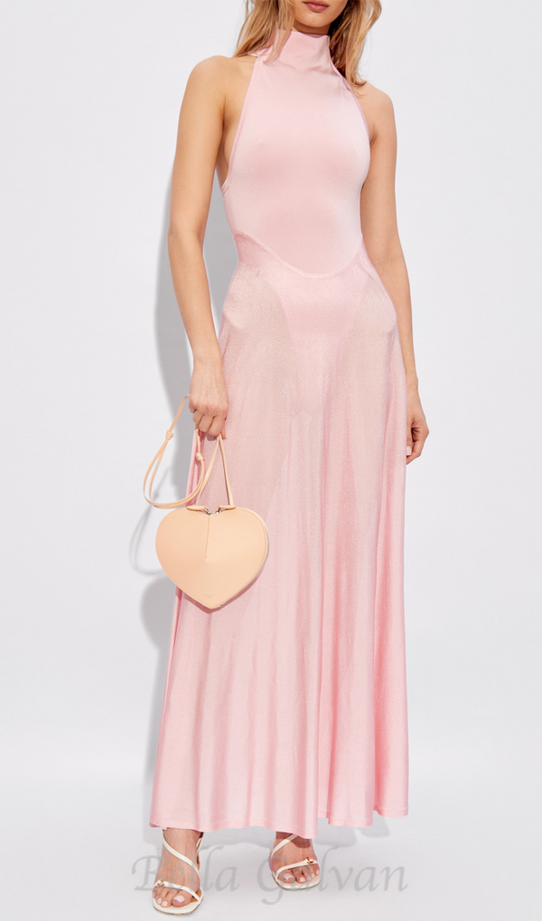 WINNI PINK TURTLENECK SLEEVELESS BACKLESS MAXI DRESS