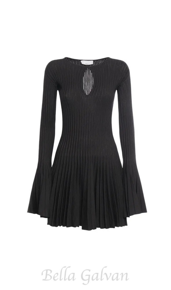 pleated wool knit long sleeve mini dress in black