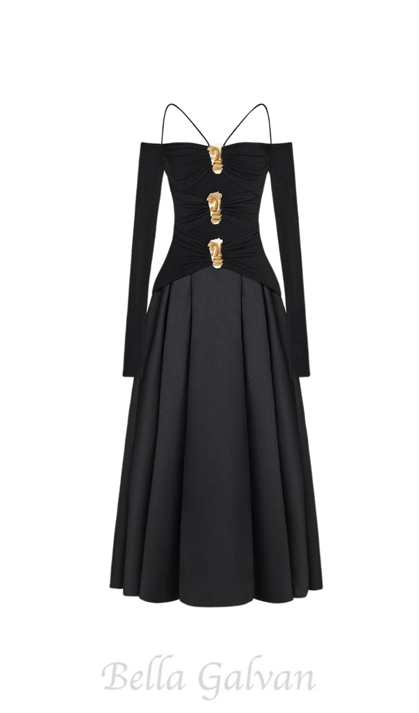 black A-line Cold Shoulder Sleeved Spandex Taffeta Maxi Dress