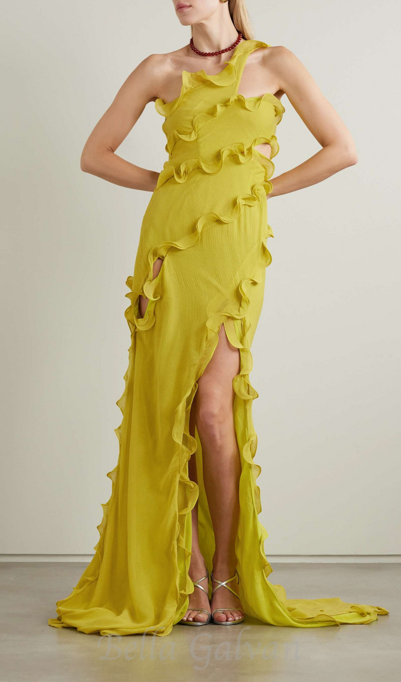 TABITHA YELLOW ONE-SHOULDER ASYMMETRIC CUTOUT GOWN