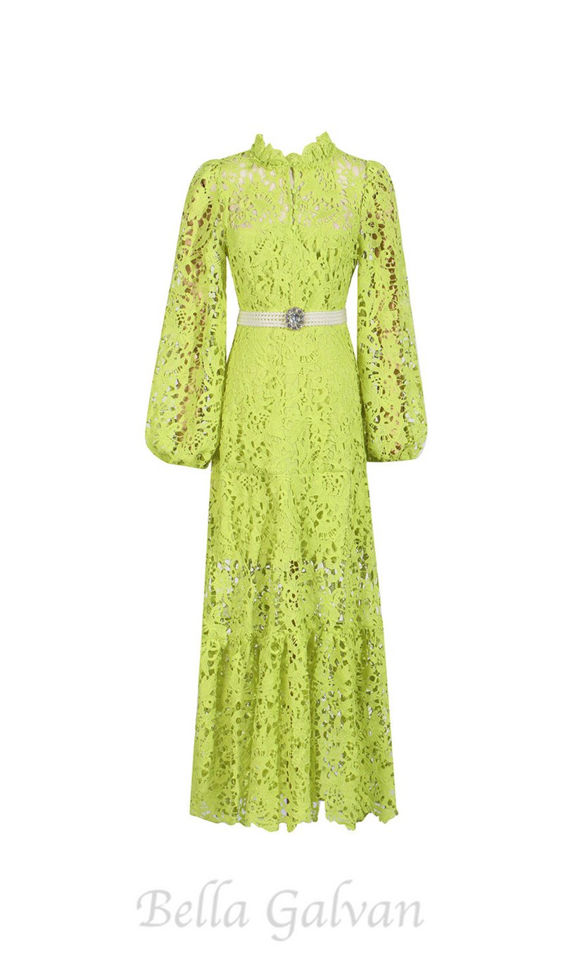 TARA GREEN LACE EMBROIDERED LONG SLEEVE MIDI DRESS