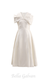 ALICE BEIGE WHITE PLEATED BOW OFF-SHOULDER MIDI DRESS