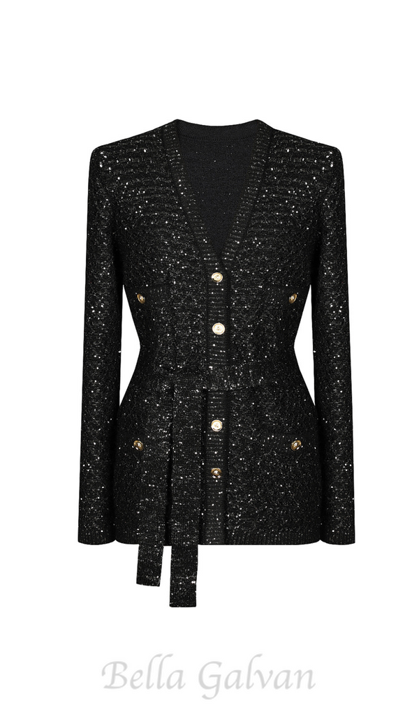 sequin knit v-neck cardigan in black