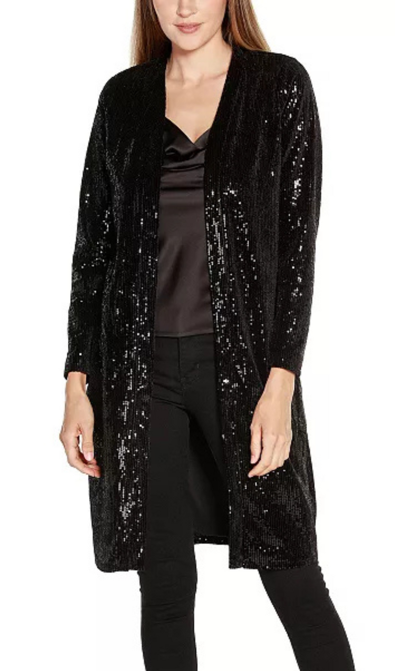 Black Label Women's Stretch Velvet Sequin Knit Duster Top