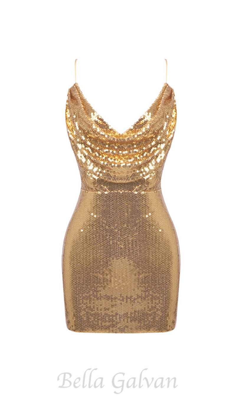 DRAPED SEQUINED TULLE MINI DRESS IN GOLD