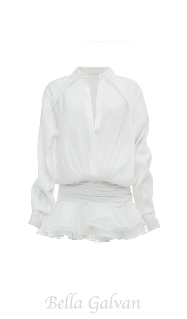 EMBER RUCHED RUFFLE MINI DRESS IN WHITE